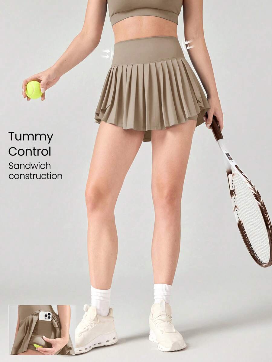 GLOWMODE Ace Flex Tummy Control Pleated Tennis Skirt With Built-In Shorts Side Pockets Tennis Golf Daily Spring Summer - Khaki - View 1