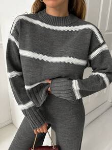 EURMUSE Women High Neck Striped Knit Sweater And Cozy Knit Sweater Pant 2pcs Set Co-Ords Knit Two Piece Set Grey Two Piece Set Two Piece Lounge Set Striped Two Piece Set Comfortable Two Piece Set,Winter Clothes - Dark Grey - View 3
