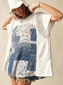 Bohemela Plus Size Women Summer Casual Vacation Patched Paisley Print Lace Patchwork Loose T-Shirt - Multicolor - View 7