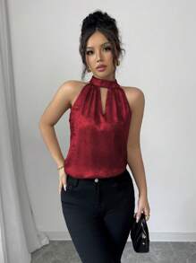 Selianne 女士优雅露背无袖光泽衬衫，适合春夏季度假 - 紅色 - 查看 6