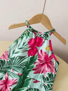 SHEIN Colorful Resort Active Tropical Floral Sleeveless Romper & Pants Set For Young Girl, Suitable For Summer Beach Vacation - Green - View 4
