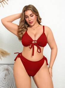 Swim Vcay Adjustable Strap Plus Size Swimsuit Set, Vacation Leisure Enhancing Front For Summer - Red - View 6