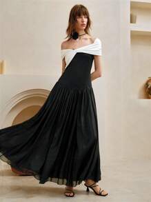 SHEIN LUNE 女士雪纺拼接优雅露肩荷叶边下摆拼色连衣裙、夏季连衣裙、太阳裙、黑色连衣裙、毕业典礼、生日装、派对