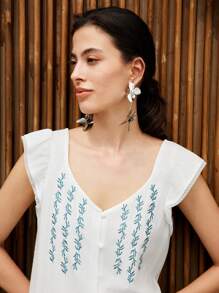 Uhlyne Spring & Summer V-Neck Embroidered Blue Sleeveless Open Front Casual Short Shirt With Lace Trim - White - View 8