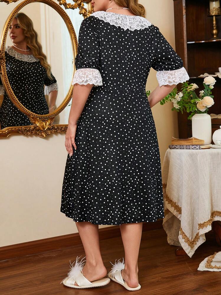 Côtesoire Plus Size Women Dot & Contrast Color Lace Trim Round Neck Short Sleeve Nightgown Babydoll Holiday Season - Multicolor - View 2