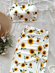 Soleia Set de fuste cu șnur înalt pentru camisole și șnur pentru femei, potrivite pentru vară, vacanță, floarea soarelui și imprimeu floral
