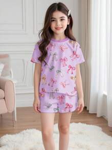 SHEIN Leap Crew 青少年女孩休闲简约圆领短袖短裤睡衣套装，适合夏季 - 彩色 - 查看 1