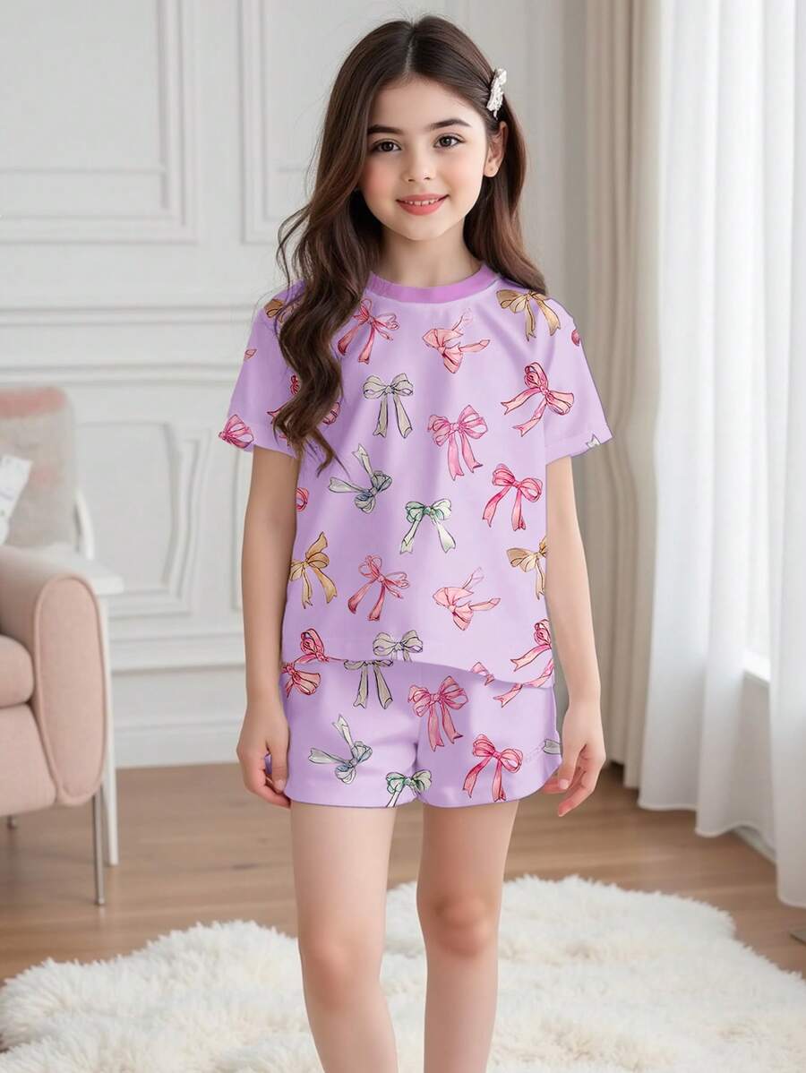 SHEIN Leap Crew 青少年女孩休闲简约圆领短袖短裤睡衣套装，适合夏季 - 彩色 - 查看 1