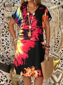 EMERY ROSE Vestito casual con stampa Tintura a nodi a maniche corte, adatto a taglie comode, ideale per vacanze estive