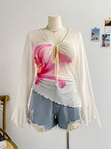 Soleia Plus Size Women Spring Vacation V-Neck Floral Print Net Fabric Bowknot Asymmetric Ruffle Hem Long Sleeve Blouse