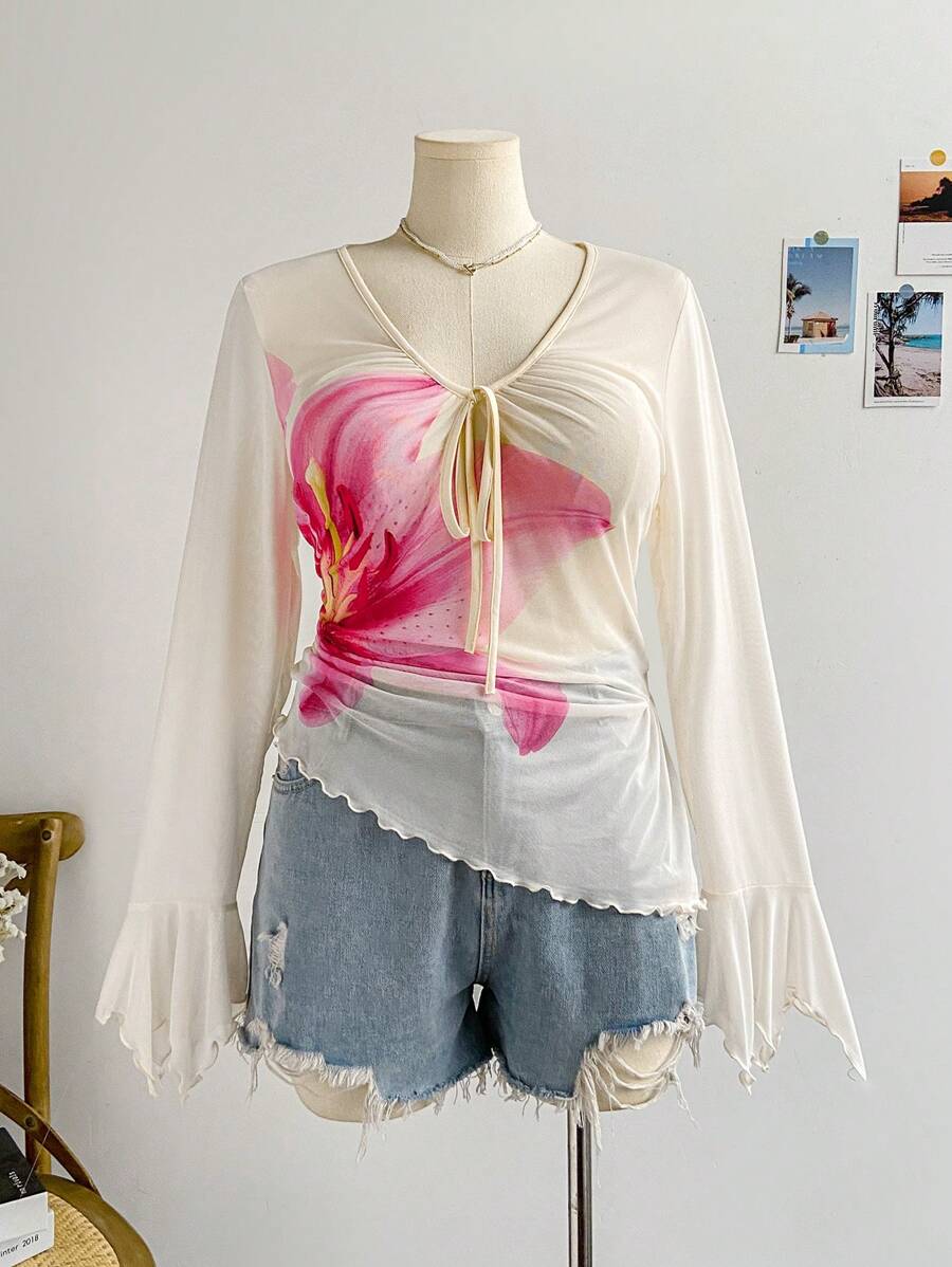 Soleia Plus Size Women Spring Vacation V-Neck Floral Print Net Fabric Bowknot Asymmetric Ruffle Hem Long Sleeve Blouse
