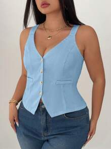 Elenzga Plus Size Women Solid Slimming Waist Tight Fitting Suspender Top - Baby Blue - View 4