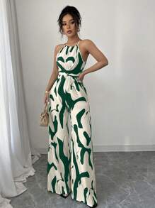 SHEIN Tall Women's Print Cinched Waist Elegant Jumpsuit Sleeveless Vacation Casual Romper - Green - View 3
