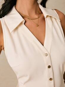 Poéselle Women Sleeveless Plain Minimalist Mid-Length Dress Suitable For Summer - White - View 7