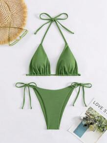 SHEIN Swim Vacation Beach Solid Color Bikini Set, Includes Triangle Top And Thong Bottom For Summer - Green - View 6