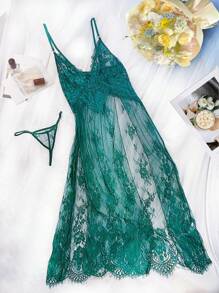 2pcs Women Sexy Lace Lingerie Gown + G-String Set For Going Out - Dark Green - View 3