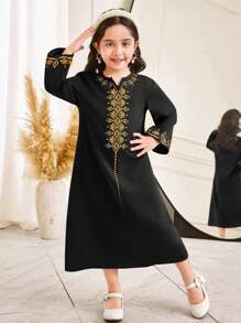 SHEIN Young Girl Retro Patterned Maxi Long Dress - Black - View 3