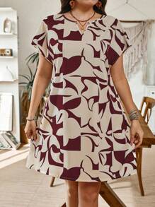 SHEIN LUNE Vestido de verano informal de mujer talla grande con estampado geométrico, para vacaciones y uso diario - Burdeos - Ver 1