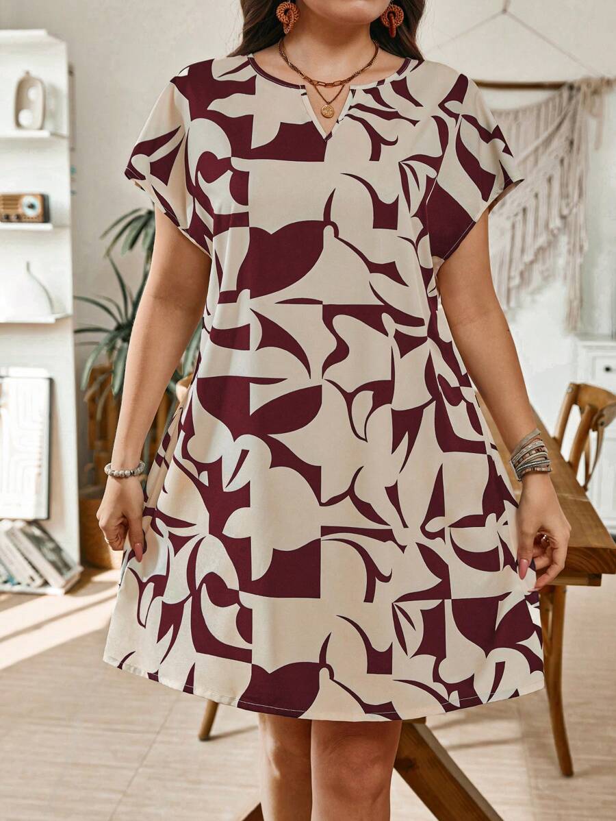 SHEIN LUNE Vestido de verano informal de mujer talla grande con estampado geométrico, para vacaciones y uso diario - Burdeos - Ver 1
