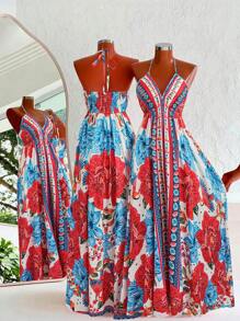 Flirla Vacation Floral Print Backless Halter Dress