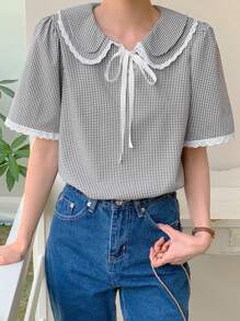 DAZY 时尚百搭精致格子短袖蕾丝边女式衬衫夏季 - 灰色 - 查看 4