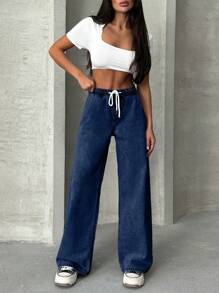 EURMUSE Women's Casual Washed Drawstring Waist Straight Leg Jeans - Dark Wash - View 3