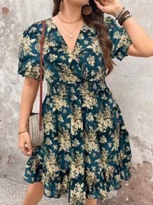 SHEIN Holidaya 大码女式花卉印花短袖夏季假日休闲连衣裙 - 彩色 - 查看 3