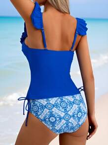 Swim Lushoire Women's Beach Vacation V-Neck Blue Ruffle Trim Top And Sexy High Waist Random Print Bikini Bottoms Two Pieces Swimsuit, Spring/Summer