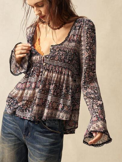 Bohemela Easter Musical Festival BOHO Woven Printed Flare Long Sleeve Loose Women Shirt