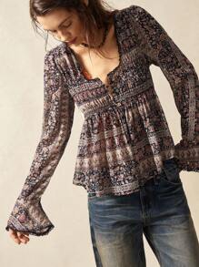 Bohemela Easter Musical Festival BOHO Woven Printed Flare Long Sleeve Loose Women Shirt - Black - View 3