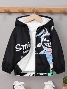 SHEIN 男童毛絨內裡帶連帽花印夾克 - 黑色 - 查看 7