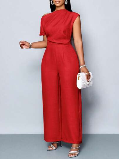 SOLERSUN Mono elegante y casual de unicolor para mujer de talla grande, adecuado para el uso diario y los viajes, de uso versátil. Presenta un diseño plisado con hombros descubiertos, cuello asimétrico, mangas cortas y pantalones de pierna ancha. Modesto, perfecto para fiestas, ocasiones románticas, San Valentín, San Patricio, Pascua