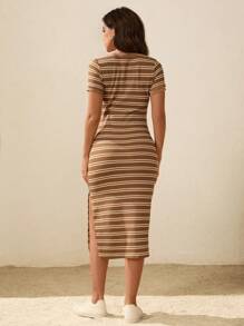 Boho Mama Maternity Striped Round Neck Short Sleeve Side Slit Hem Fitted Dress - Brown - View 2