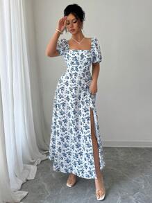 Elenzga Vestido maxi de verano para mujer con cuello cuadrado elegante, estampado floral y mangas abultadas con abertura lateral