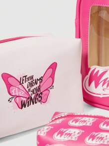 Winx Club X ROMWE 3pcs Set, Butterfly & Letter Print Cute Cosmetic Pouch, Other Storage Bag - Hot Pink - View 6