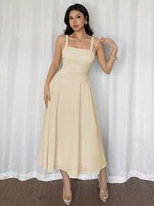 Firerie 女式优雅简约度假海滩黄色褶皱纹理面料细肩带收腰 A 字中长连衣裙，夏季 - 卡其色 - 查看 5