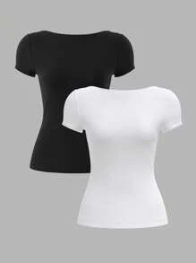 SHEIN BASICS 2pcs/Set Solid Color Knit Backless Fitted Women T-Shirts - Black and White - View 2