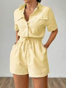 SHEIN Unity 夏季条纹印花口袋收腰短袖连体裤