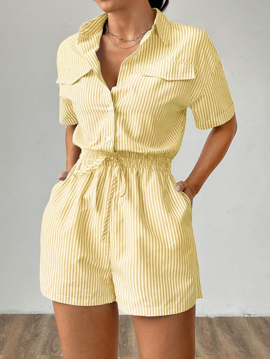 SHEIN Unity 夏季条纹印花口袋收腰短袖连体裤