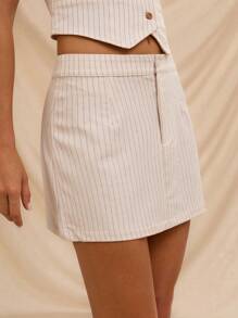 SHEIN Forever 21 女士低腰条纹裙，通勤风格，夏季 - 米色 - 查看 5