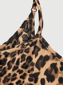 SHEIN EZwear 大码女式豹纹荷叶边下摆休闲吊带连衣裙，夏秋季 - 棕色 - 查看 3