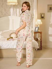 CottageSlumber 花卉印花翻领短袖长裤睡衣套装，适合夏季假日季女士穿着，丰富的花卉图案，舒适优雅的细节 - 彩色 - 查看 2