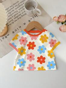 SHEIN Cute Floral Print, Baby Girl Casual Minimalist Short Sleeve Round Neck Top, Suitable For Summer - Multicolor - View 2