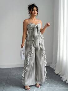 Elenzga Bộ 2 áo hai dây kẻ sọc mùa hè cỡ lớn cho nữ và quần ống rộng, phong cách đồng quê giản dị, kỳ nghỉ lãng mạn, tối giản thanh lịch, thời trang cổ điển, thích hợp để đi làm và mặc đi làm - Nhiều màu - Xem 5