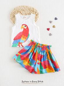 Cozy Pixies Bộ 2 món áo ba lỗ cổ tròn không tay dệt kim mềm mại họa tiết con vẹt cho bé gái và quần short cạp chun - Nhiều màu - Xem 3