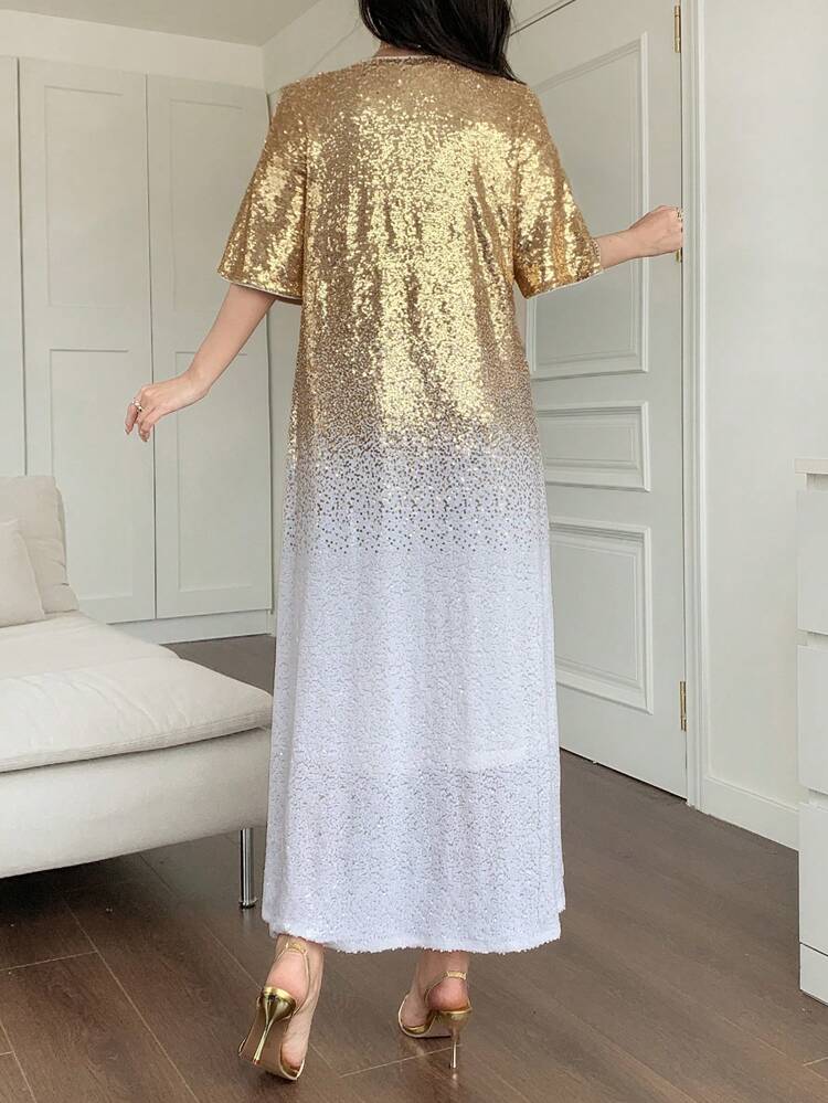 Ombre V-Neck Loose Mid-Length Dress For Women Luxury Prom Dress Sequin New Year Eve Dress Carnival Sparkly Dress