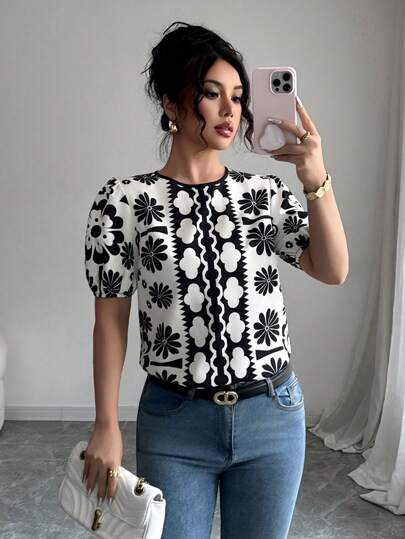 Rafferiza 女士花卉印花泡泡袖优雅短袖夏季衬衫