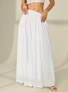 SHEIN Tall Women's Solid Color Shirred Waist Ruffled Hem Skirt