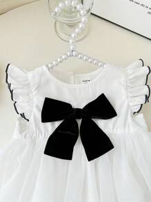 Newborn Baby Girl Cute Summer Versatile Knit Mesh Patchwork Bow Decor Cap Sleeve Bodysuit