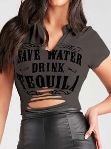 INAWLY Women Street Style Ripped Slogan Print Short Sleeve T-Shirt, Summer - Brown - View 1